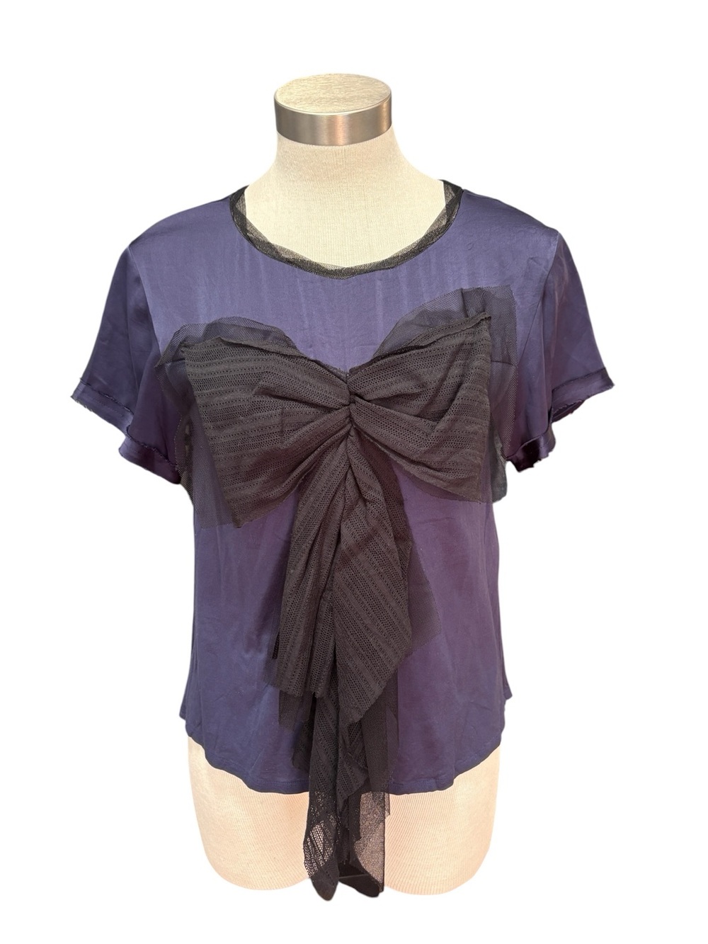 Lanvin En Bleu Womens T-Shirt Silk Cotton Navy Black Mesh Bow Sz. 38